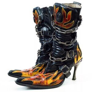 Vintage New Rock Black Leather Flame & Chain Boots US 8